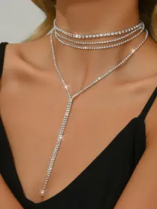 Women's Long Rhinestone Y-Shape Necklace, Shiny Silver Color Crystal Chain, Fashion Wedding Bridal Jewelry Accessory