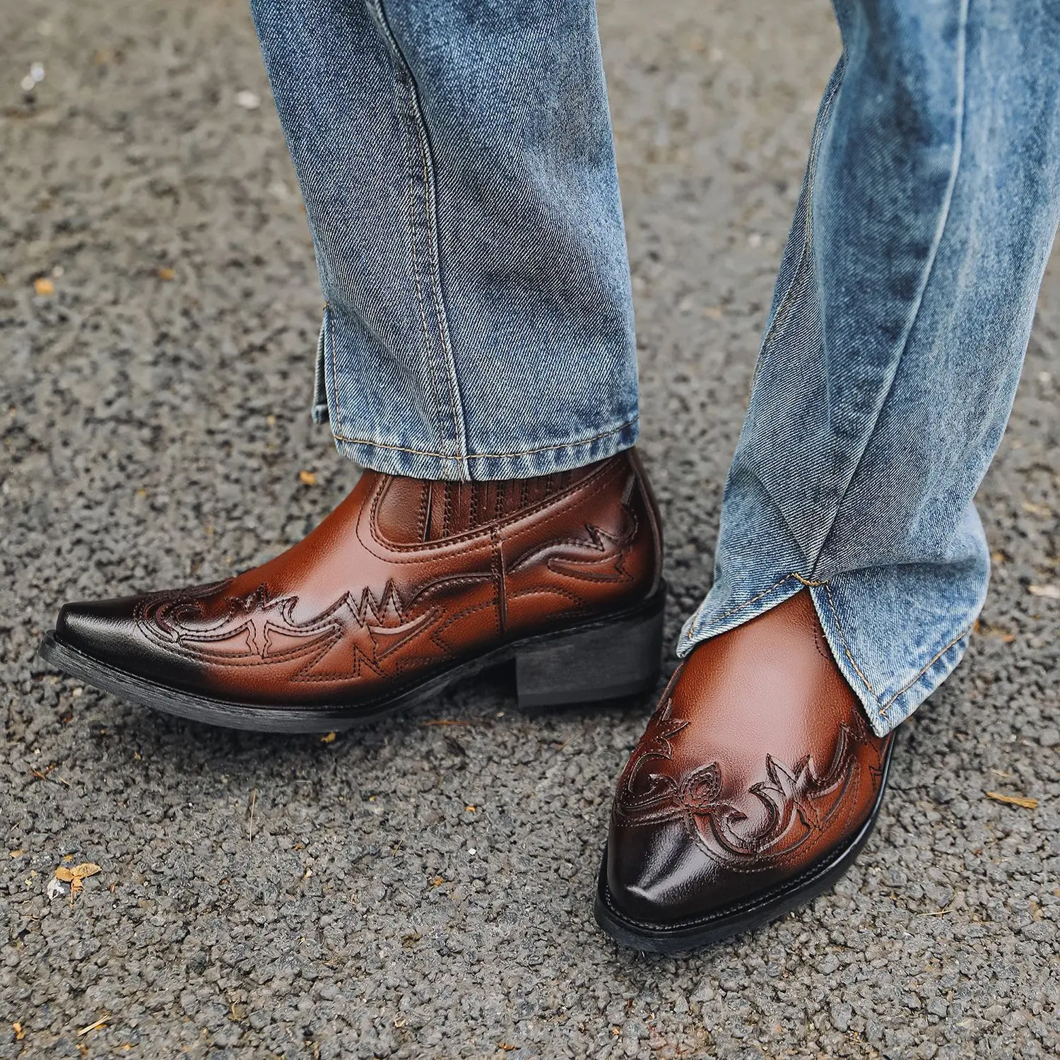 Retro Western Embroidered Cowboy Chelsea Boots for Men, Vintage Pointed Toe Ankle Boots, Slip On Stretch Side Design, Fashion Block Heel Motorcycle Boots, Ideal for Street OOTD, Country Concert, Camping & Casual Office Outfits,