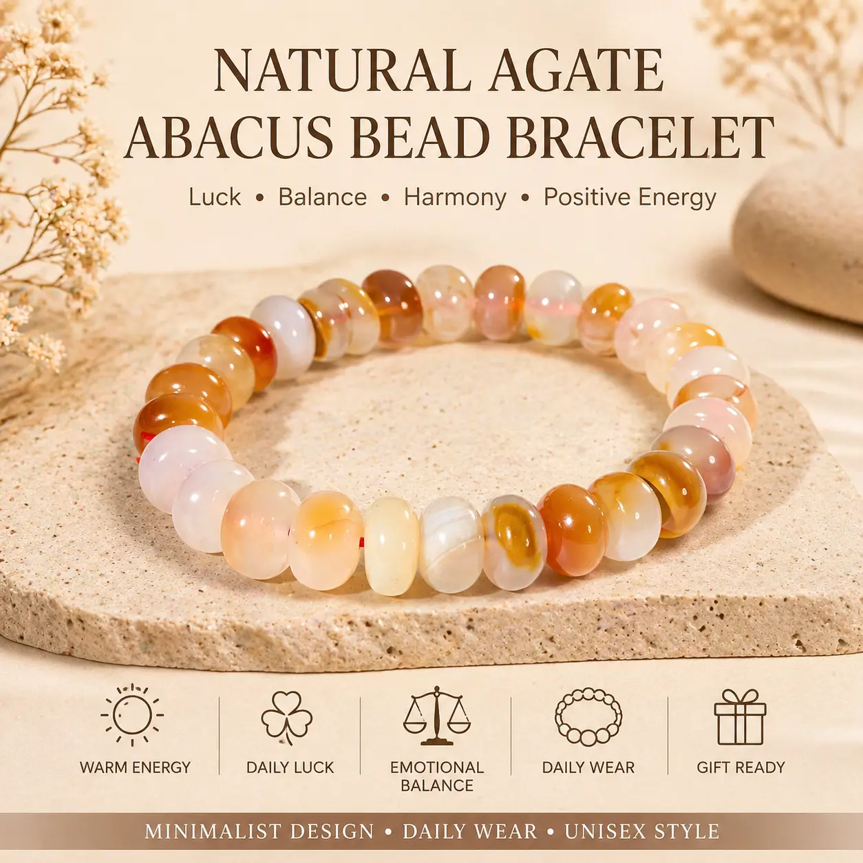 Natural Agate Abacus Bead Natural Gemstone Bracelet - Orange Crystal Design Bracelet for Wealth, Confidence, Good Luck, Positive Energy, Money-Attraction Gift, TikTok Viral Pick, SummerWins DealsForYouDays