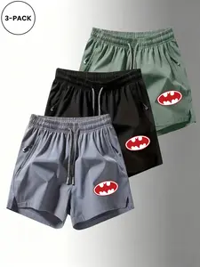 3-Pack Batman Print Quick-Dry Zip Pocket Shorts, Men's Ice Silk Breathable Sporty Casual Shorts, Slim-Fit All-Season Wear