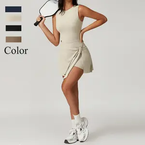 Womens Solid Color Sleeveless Tennis Dress with Ruffle Side Slit & Built-in Shorts for Gym Workout Running Yoga Knot Wrap Romper