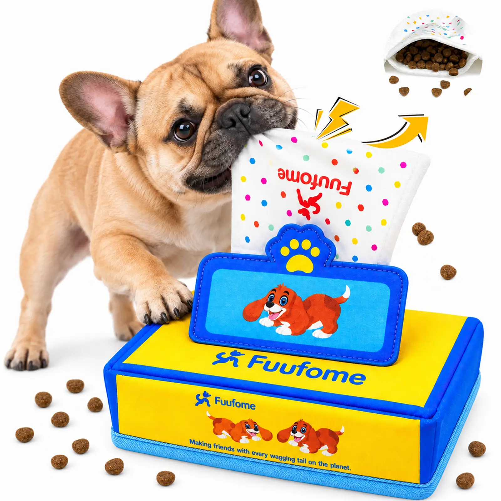 Fuufome Tissue Box Snuffle Puzzle Toy for Dogs, 7 Hidden Treat Pockets, Pull-Out Crinkle Tissues, Squeaker, Interactive Foraging Accessory, Hidden Treats