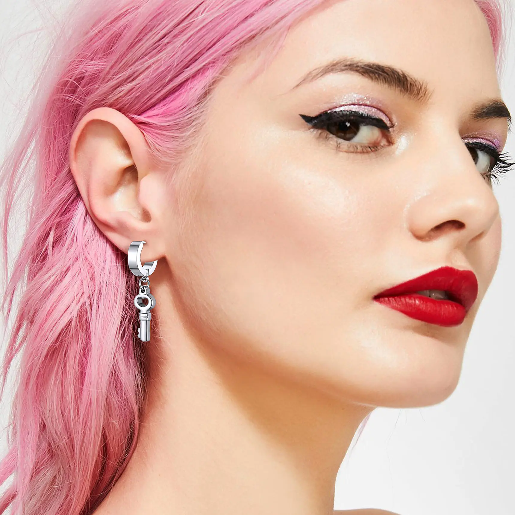 FaithHeart Punk Dangle Huggie Hoops with Key And Lock Earrings