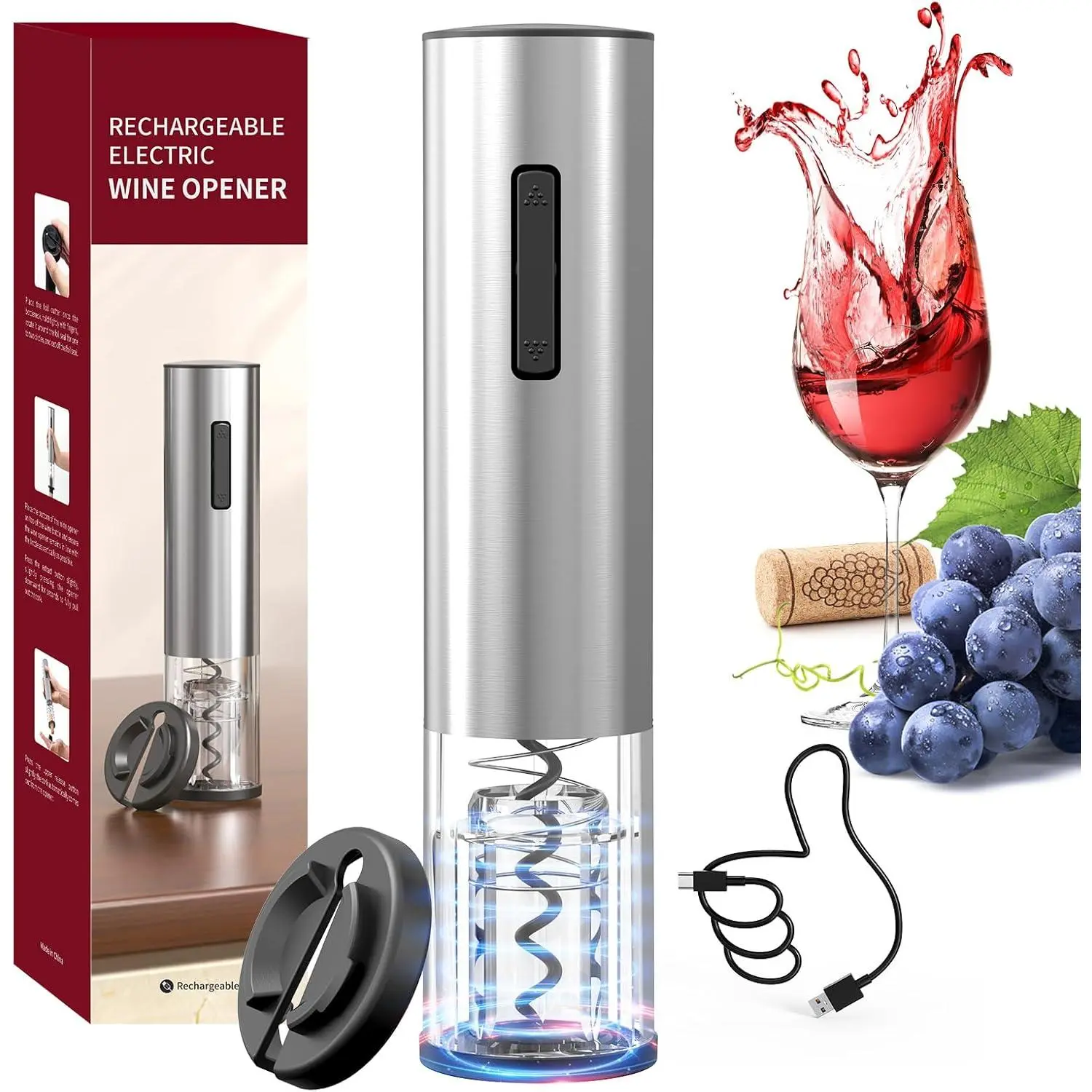 Electric  Opener Rechargeable Stainless Steel Automatic Corkscrew  Bottle Opener with , Blue Led  and One-Click Button,