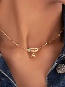 Women's Zirconia Pin Initial Pendant Necklace, Stainless Steel Beaded Chain, Vintage Style, Casual Jewelry for All Seasons