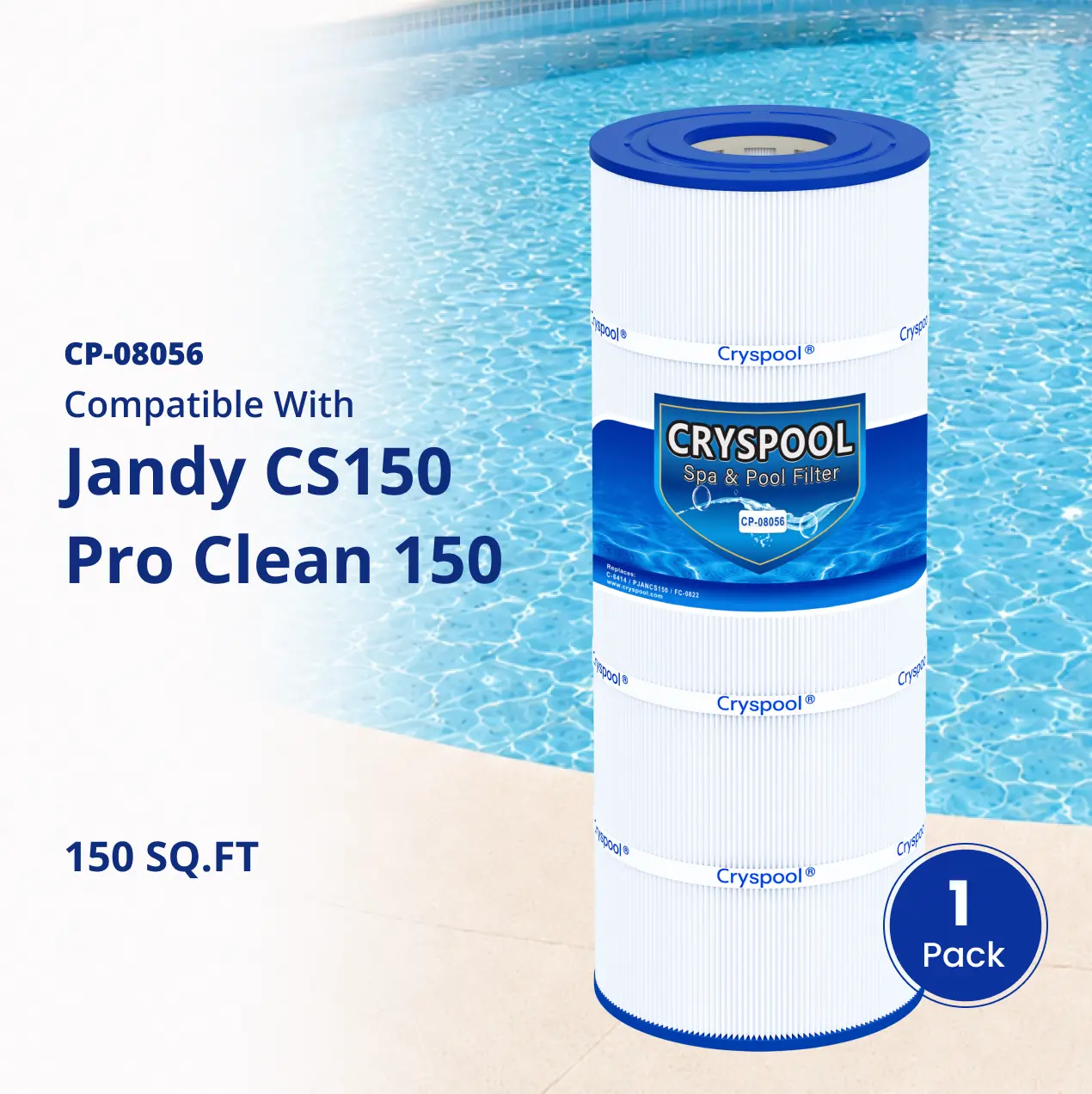CS150 Pool Filter Compatible with Jandy CS150, CCX1500RE, Pro Clean 150, R0462300, PWWCT150, PJANCS150,FC-1287, C-8414,  Cryspool 150 Sq.ft Pool Filter Cartridge, 1 Pack