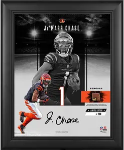 Ja'Marr Chase Cincinnati Bengals Facsimile Signature Framed 11" x 14" Showcase Collage with a Piece of Game-Used Football - Limited Edition of 250 - Fanatics Authentic Certified