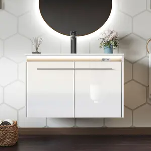 AMERLIFE 31"/60‘’LED Floating Bathroom Vanity with Sink, High Gloss Single Sink Wall Mounted Bathroom Storage Vanity Cabinet, Modern Bathroom Sink Cabinet with Metal Handles,Best Gift Ideas/Christmas Gifts