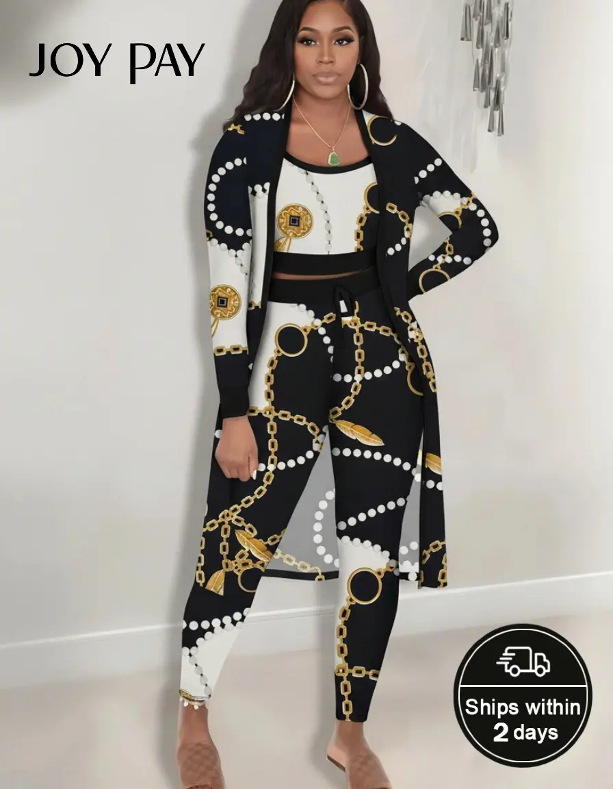 JOYPAY Women's 3-Piece Gold Pearls Print Outfit with Gold Chains - Lightweight Longline Cardigan, Slim Crop Top, High-Waist Stretchy Leggings, Fitted Fabric Summer Casual Set, Matching, Layered Look, Chain Prints, All Over Print