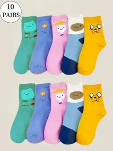 Women's Cartoon Adventure Time Print Mid-calf Socks, 10 Pairs Cute Comfortable Breathable Socks for Daily Wear, Women's Socks for All Seasons