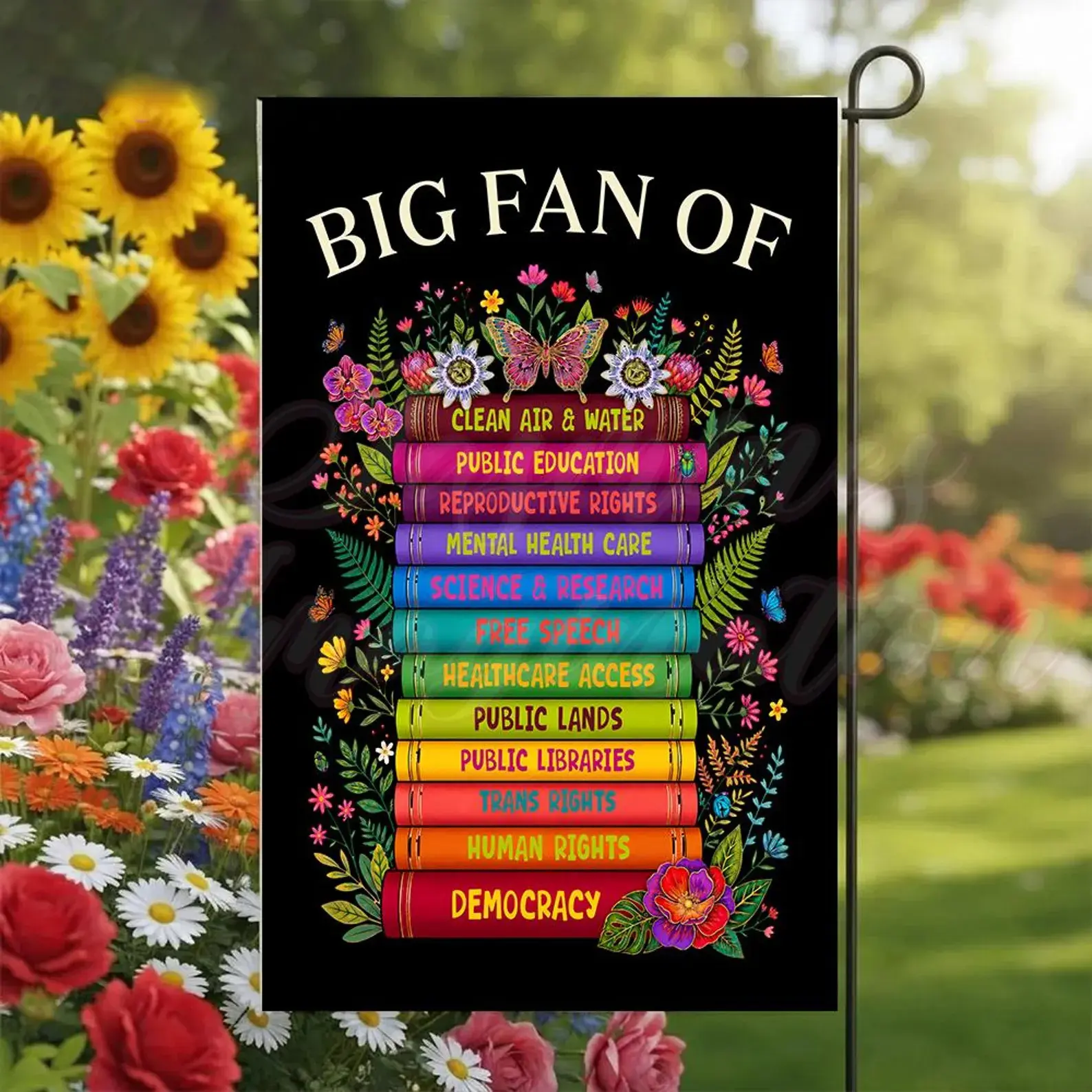 Big Fan Of Social Justice Garden Flag, Progressive Book Stack Floral Yard Flag, Human Rights Democracy Outdoor Decor 12x18 24.5x32
