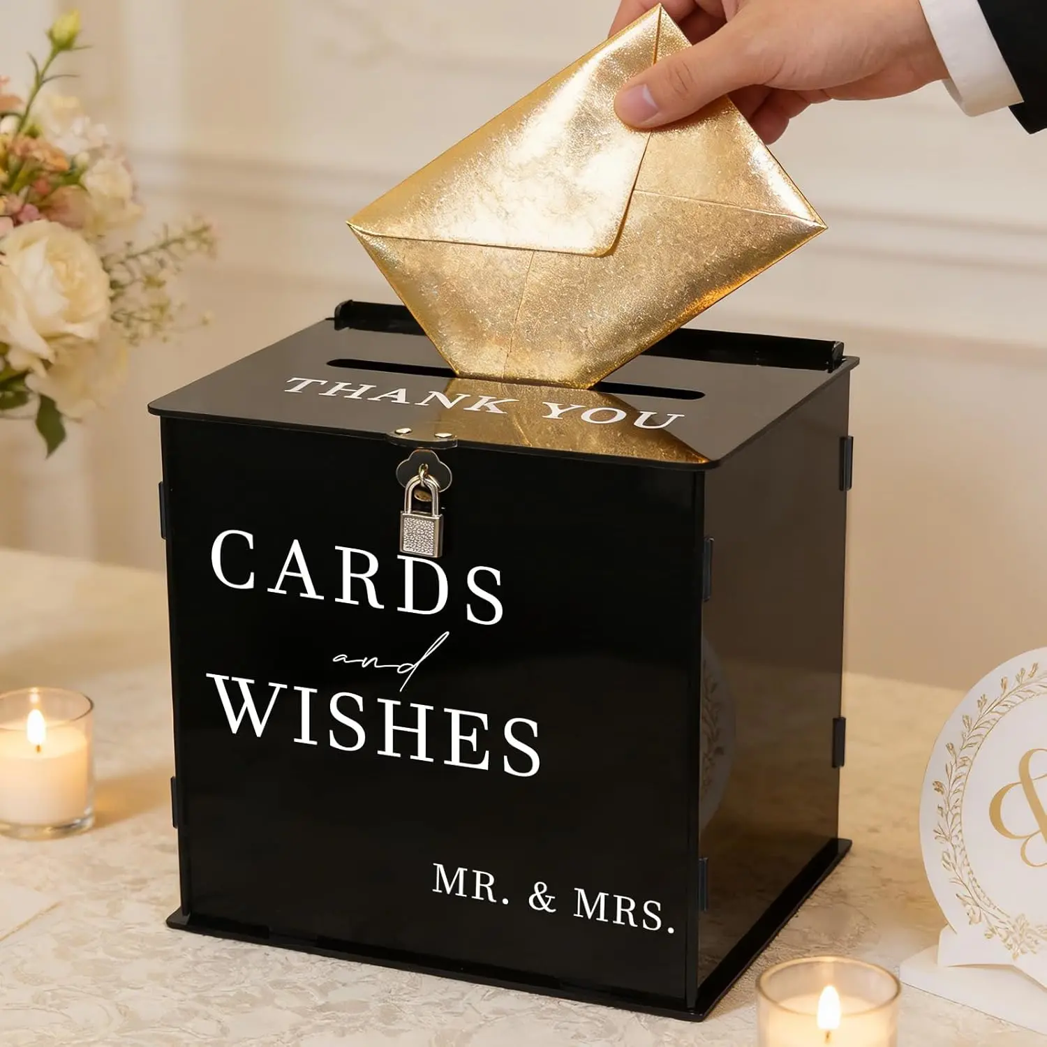 Black Acrylic Card Box with Slot & Lock, DIY Large Wedding Card Boxes for Reception, Elegant Money Envelop Gift Cards Box for Party Wedding Birthday Baby Shower Graduation Table Decor