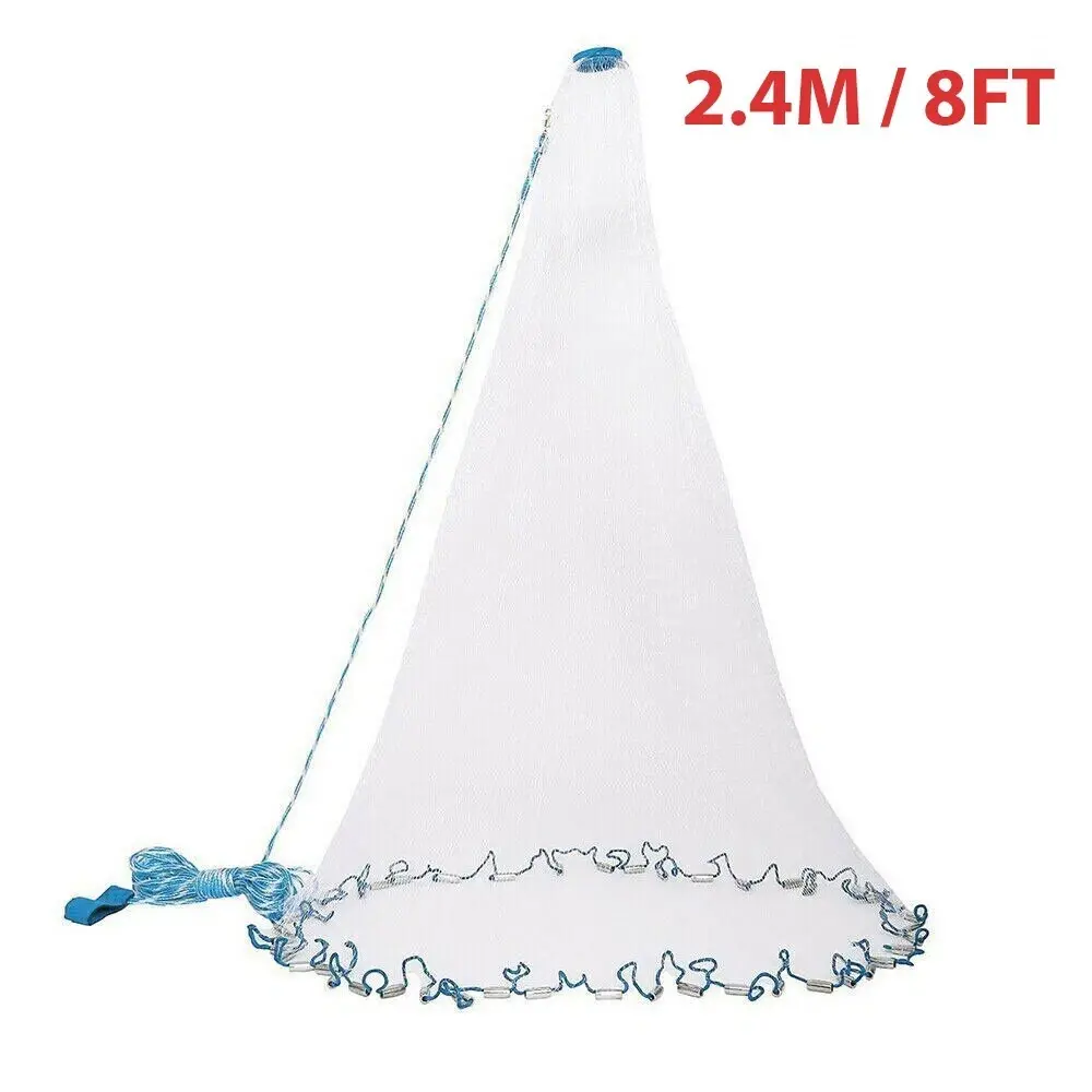 8/10/12/16FT Fishing Cast Net Bait Easy Throw Hand Cast Strong Nylon Mesh USA