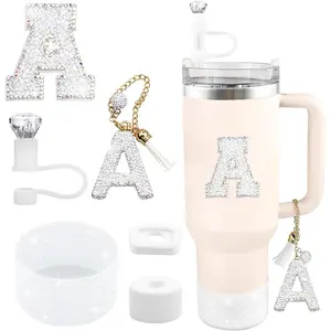 6PCS White for Stanley Cup Accessories Set 30/40 OZ Silver Bling Rhinestone Initials Charms for Stanley Decorations Tumbler Accessories Including Diamond Straw Topper, Spill Stopper（Letter A）