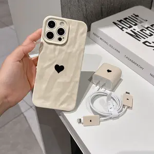 5 Piece Set Antique Simple Heart Phone Case, Charger Head Cover, Cable Protector, Storage Rope, Anti-Drop Tpu Case Accessories for iPhone