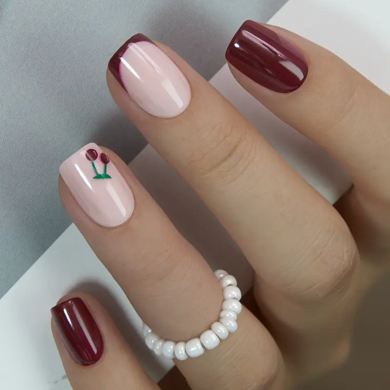 CurvLife Cherry Blush Press-On Nails – 30PCS Oval Pink & Burgundy Nails with Cute Cherry Design, French Tips Accent, Glossy Finish, Non-Toxic & Reusable, Perfect for Daily Sweet Look or Romantic Date Style