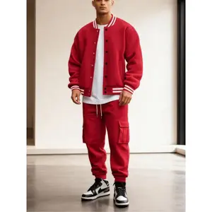 Men’s warm fleece two-piece sportswear set featuring a baseball jacket with multiple pockets and cargo pants; outdoor clothing for fall and winter