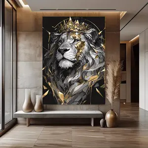 Kintsugi Style Lion King Crown Wall Art, Frameless Canvas Print Poster for Home Decor, Majestic Lion in Regal Shattered Golden Effect, Elegant Artwork for Bedroom, Living Room - Unframed rimless
