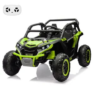 Two Seater 4WD Kids Electric UTV 24V, featuring remote control, speed adjustment, LED lights, 4 shock absorbers, one click start and music player, safe outdoor ride on toy.
