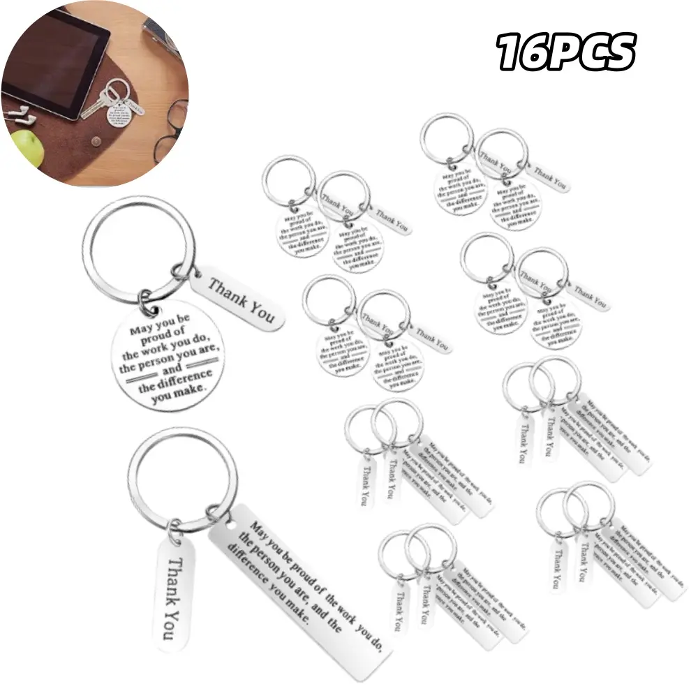 16 Pcs Keychain Accessory Bulk Set, Stainless Steel Employee Appreciation Gifts for Coworkers, Inspirational Thank You Presents in 2 Styles, Keyring, Rust Resistant, Christmas Favor, Heartfelt Message, Printed Text