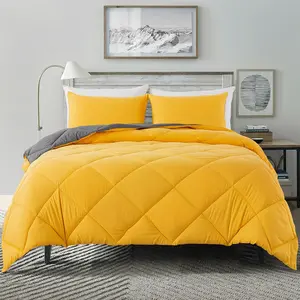 Lightweight Full Comforter with 2 Pillow Sham - 3 - Quilted Down Alternative Comforter/Duvet Insert for - Yellow/Grey - Full Size