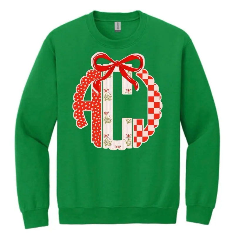 Red Christmas Monogram Sweatshirt for Women & Kids Festive Green Design with Bow and Wreath Pattern