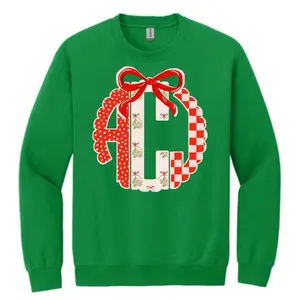 Red Christmas Monogram Sweatshirt for Women & Kids Festive Green Design with Bow and Wreath Pattern