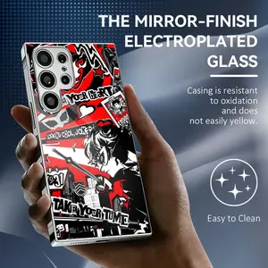 Anime P-Persona 5 Phone Case Luxury Electroplated Metal Frame Case for Samsung Galaxy S25 S24 S23 Ultra, Mirror Tempered Glass Back Phone Case, Slim Shockproof Anti-Scratch Protective Cover, Matte Finish with Camera Protection, Casing