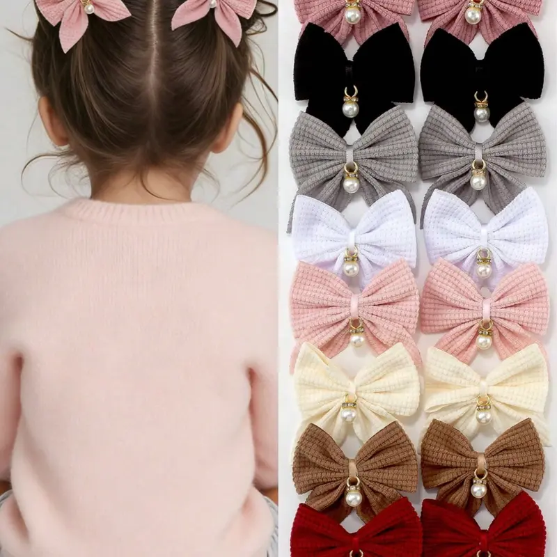 16 Pcs Multi-Color Fabric Swallowtail Bow Hair Clips with Faux Pearl Pendant, Cute Girl's School Style Hair Accessories for Daily Wear and Party, Hair Bows
