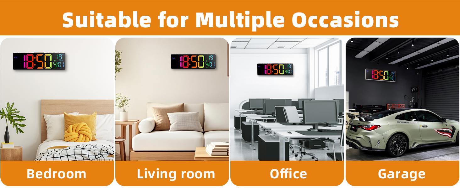10.1" LED Digital Alarm Clock with RGB Display, Date and Temperature, Countdown Timer, Auto Dimming Wall Clock for Bedroom Living Room Office  Decor
