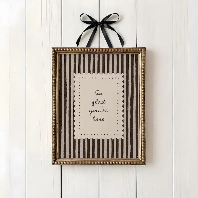 So Glad You’re Here Wall Art  Neutral Brown Stripe Entryway Decor  Rustic Minimal Typography Quote Print