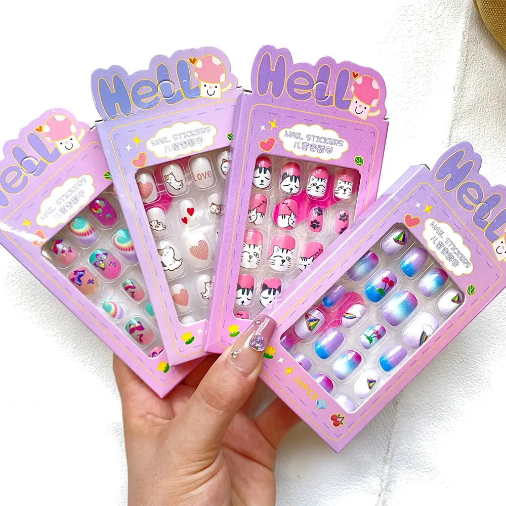 24Pcs/Box Children False Nails Kids Cartoon Girl Press on Nail Short Artificial Fake Nail Safe Full Cover Acrylic Nail Tips Kits