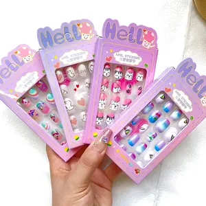 24Pcs/Box Children False Nails Kids Cartoon Girl Press on Nail Short Artificial Fake Nail Safe Full Cover Acrylic Nail Tips Kits