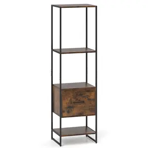 COSTWAY - 5-Tier Narrow Bookcase with 4 Open Shelves and Storage Drawer-Rustic Brown