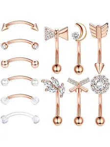 Gorgeous 12 Pcs Rose Golden Eyebrow Rings Rook Daith Earring Set for Women Men Lip Ring Barbell Curved Ring Cartilage Tragus Earring Body Piercing Set