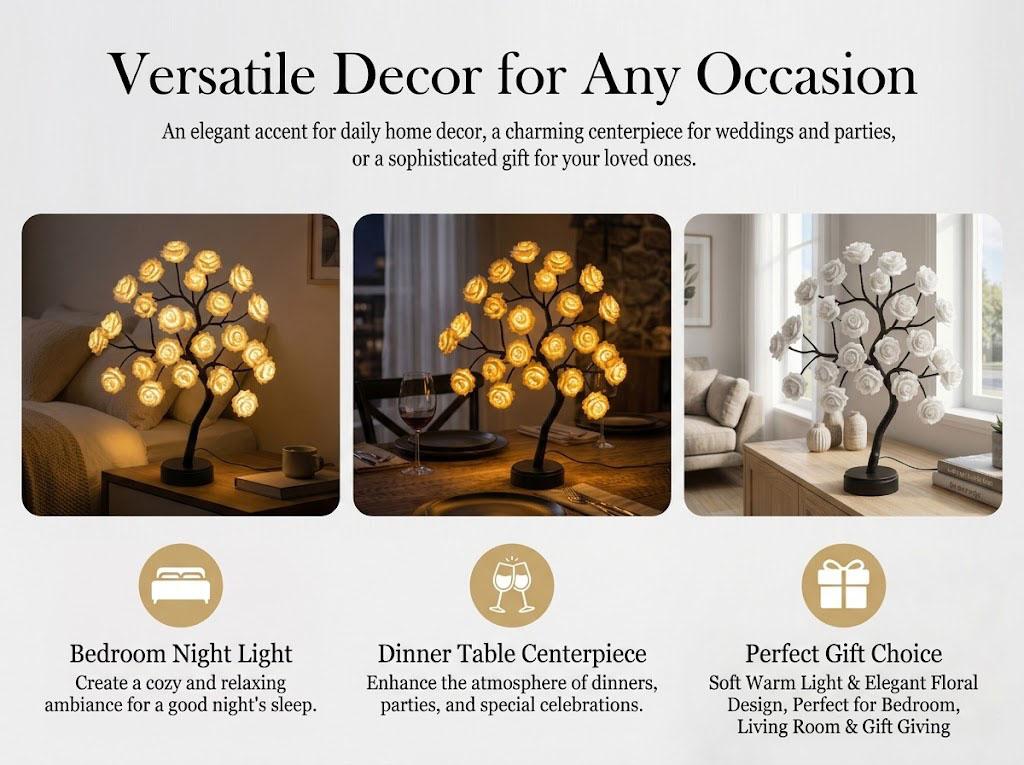 RGB LED Rose Flower Tree Lamp - Remote Control, Upgraded Chip, Timer, USB/Battery Powered, Dimmable, RGB Night Light, Indoor Table Lamp, Camping Lantern, Romantic Gift for Her, Housewarming Decor, Indoor Use, Aesthetic Table Lamp