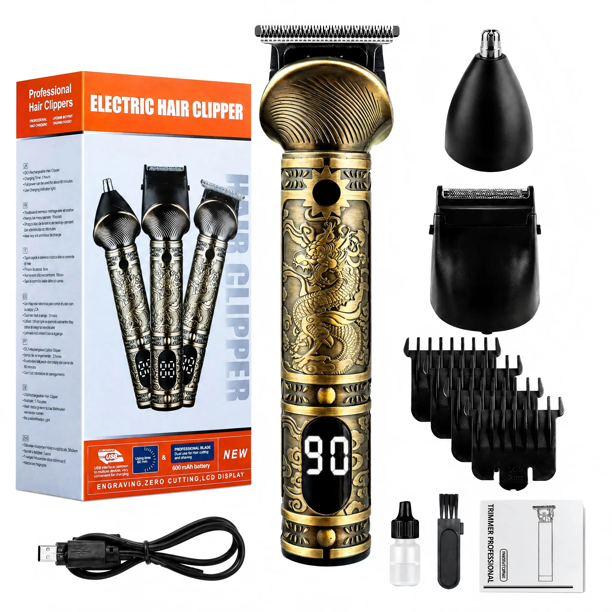 3-in-1 Dragon Engraved Hair Clipper, LCD Display USB Rechargeable Zero Gapped Trimmer Kit for Men with Beard & Nose Trimmer Attachments