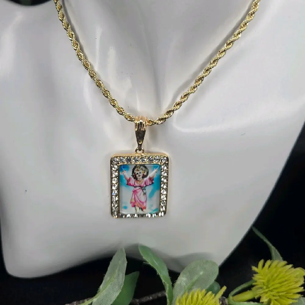 14K Gold-Plated Rope Chain with Divino Niño, Divine Child Pendant 3mm x 22" long Clear stones