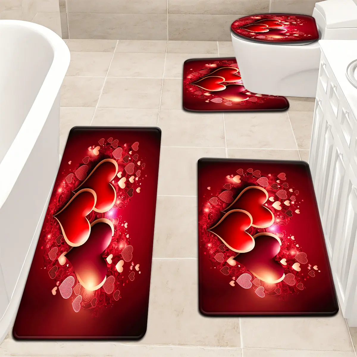 3pcs/4pcs Valentine'S Day Series Red Heart Pattern Bathroom Mat Set with Toilet Seat Cover And U-Shaped Foot Mat