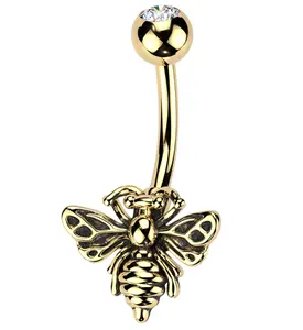 Gold PVD Bee Clear CZ Stainless Steel Belly Button Ring