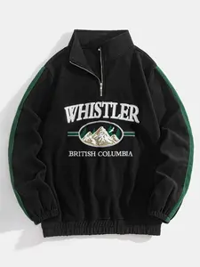 Men's Landscape Embroidery Half Zip Drop Shoulder Fleece Sweatshirt, Loose Casual Long Sleeve Funnel Neck Pullover for Fall & Winter, Men's Clothes for Daily Wear