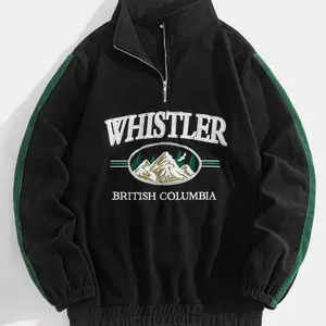 Men's Landscape Embroidery Half Zip Drop Shoulder Fleece Sweatshirt, Loose Casual Long Sleeve?Funnel Neck?Pullover for Fall & Winter, Men's Clothes for Daily Wear