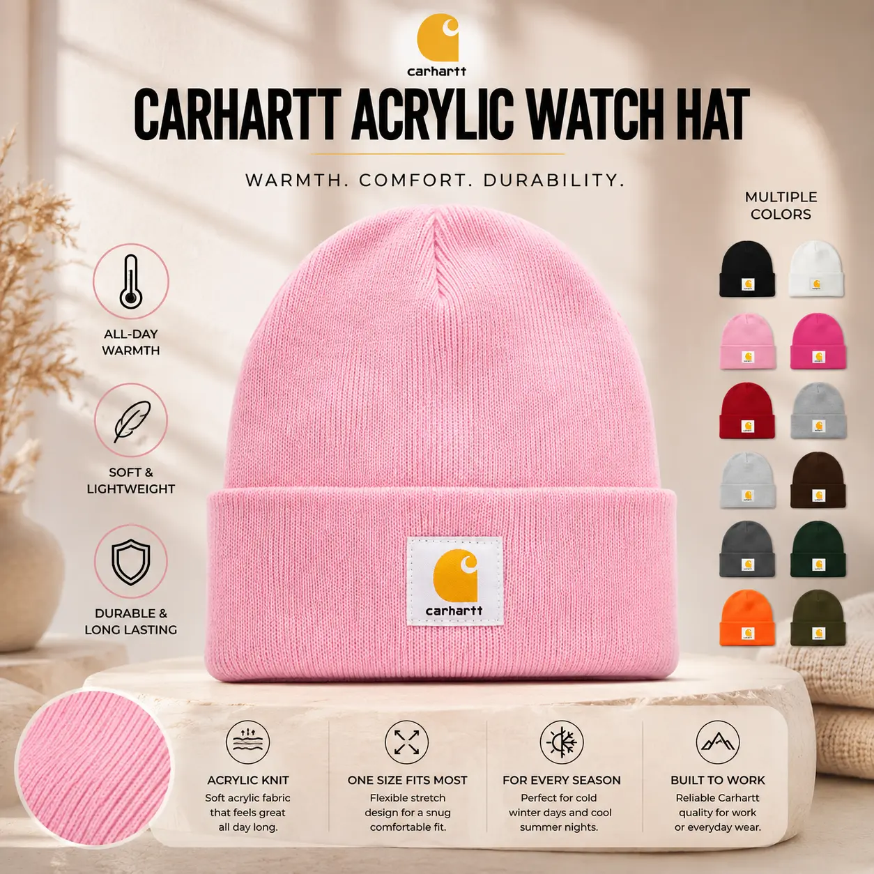 Carhartt Watch Hat Beanie Warm Acrylic Knit Winter Hat for Men Women, Classic Cuffed Beanie, Soft Stretch Cold Weather Skull Cap, Outdoor Workwear Winter Cap, Streetwear Fashion Hat for Skiing Hiking Camping Travel Daily Wear Gift