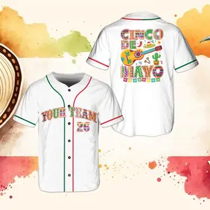 Custom Name and Number Cinco De Mayo Baseball Jersey, Personalized Mexican Fiesta Team Uniform, Colorful Guitar and Sombrero Festive Button
