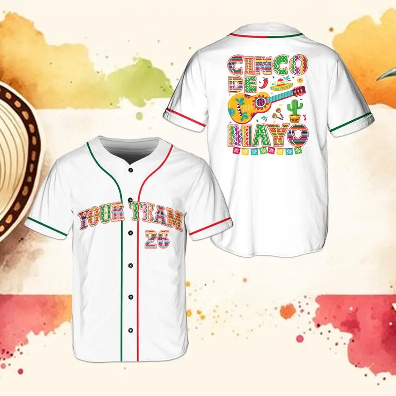 Custom Name and Number Cinco De Mayo Baseball Jersey, Personalized Mexican Fiesta Team Uniform, Colorful Guitar and Sombrero Festive Button
