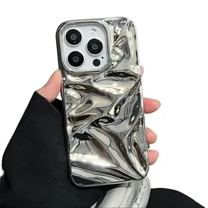 Luxury Silver Plated 3D Ripple Phone Case for iPhone 16/15/14/13/11/12 Pro Max - Shockproof, Soft, Waterproof, Water Wave Design Aesthetic Protection