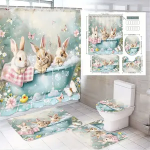 1/4pcs Rabbit & Floral Bathroom Set, Shower Curtain Sets - 3 Rabbits in Blue Bathtub with Bubbles, Pink Flowers, Yellow Duck Shower Curtain + Checkered Towel + Toilet Lid Cover + 2 Bath Mats - Perfect for Easter Decor, Spring & Springtime Ba