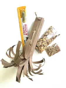 Handmade Cardboard Organic Catnip Infused Cat Toy Bundle w/ Pet Grass Seeds, Wildlife Feed, & Treat Stick by Black Dog Refuge NonProfit Rescue