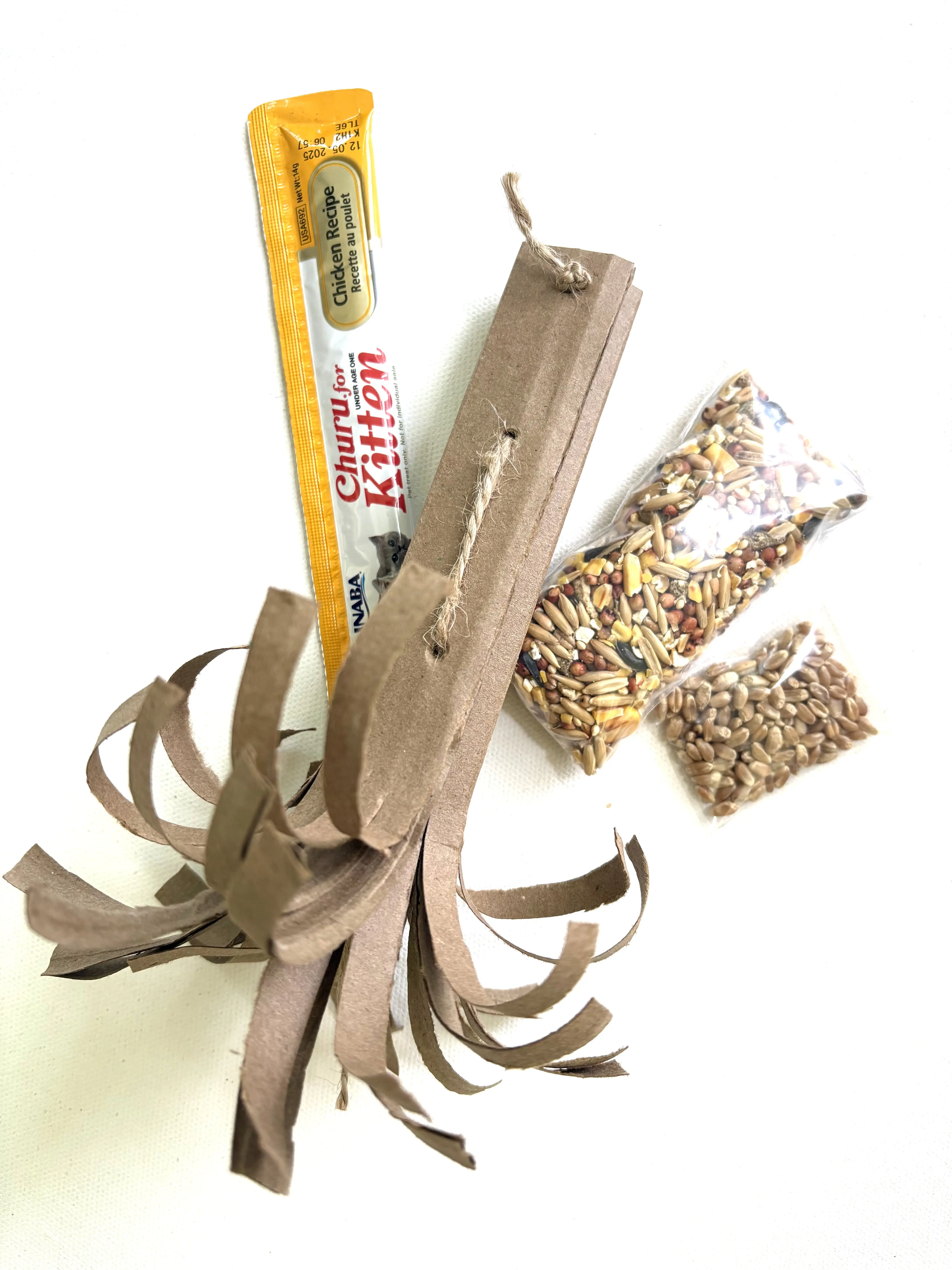 Handmade Cardboard Organic Catnip Infused Cat Toy Bundle w/ Pet Grass Seeds, Wildlife Feed, & Treat Stick by Black Dog Refuge NonProfit Rescue