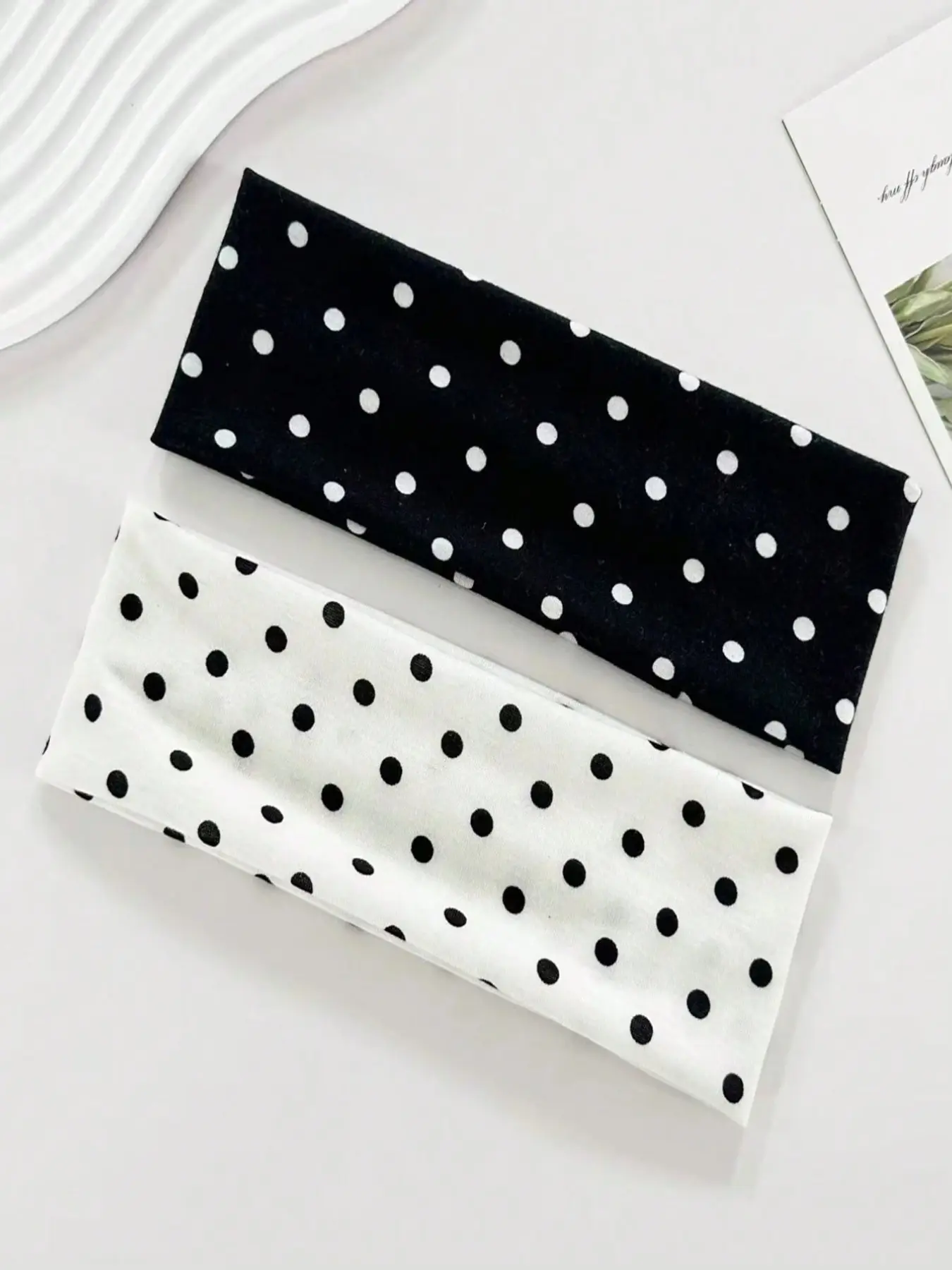 2pcs women's black and white polka dot elastic fabric print sports, Workout Elastic Fashion Headbands, suitable for daily wear, fitness, running, yoga, moisture-wicking with Boho style